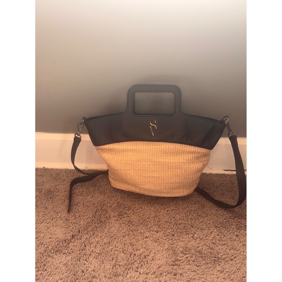 Simply Vera Wang Straw &Faux Leather Top Handle Crossbody Bag Black Woven Summer - Picture 2 of 7